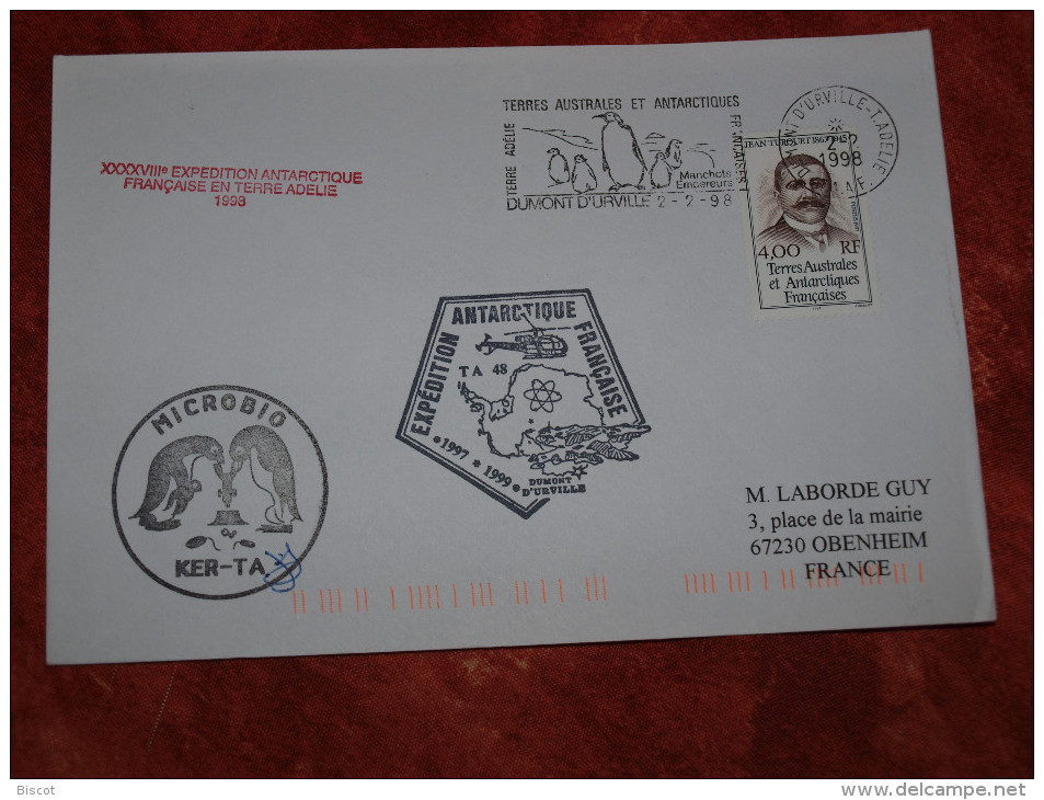 Dumont D´Urville  2  2  1998 Flamme Manchot  Enveloppe Ayant Voyagé - Storia Postale