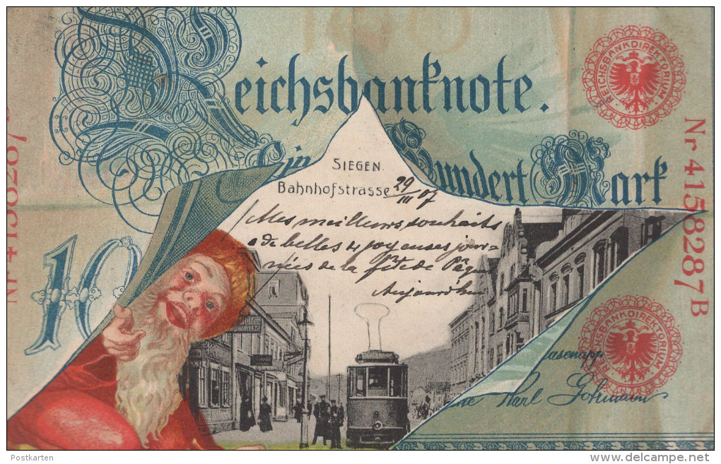 ALTE POSTKARTE SIEGEN BAHNHOFSTRASSE GELDSCHEIN ZWERG 100 MARK REICHSBANK Money Monnaie Billet De Banque Geld Tramway - Münzen (Abb.)