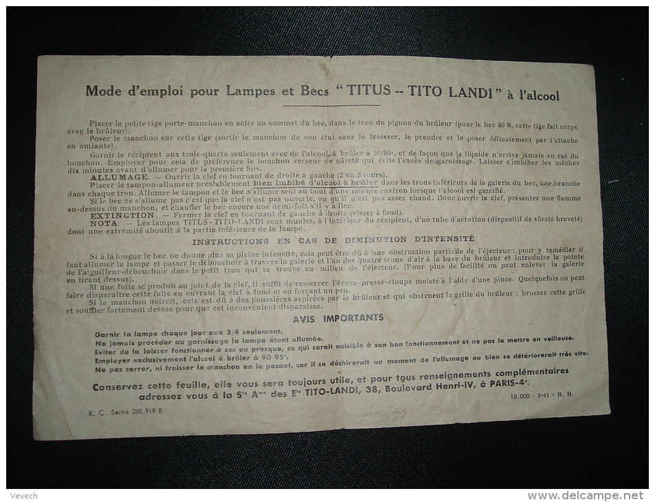 MODE D'EMPLOI POUR LAMPES ET BECS TITUS TITO LANDI A L'ALCOOL - Non Classés