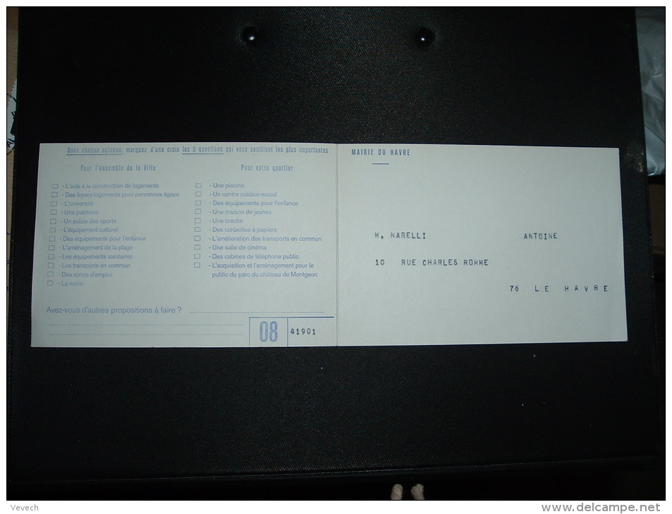 CARTE-REPONSE T 1er Décembre 1970 Au 28 Février 1971 à Monsieur Le Maire 76 LE HAVRE (SEINE-MARITIME) RENE CANCE MAIRE - Cartes/Enveloppes Réponse T