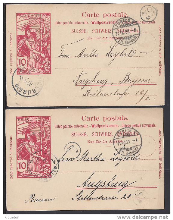 SUISSE - 1900 -  DEUX CARTES ENTIERS POSTAUX DE ZURICH A DESTINATION DE AUGSBURG - ALL - - Postwaardestukken