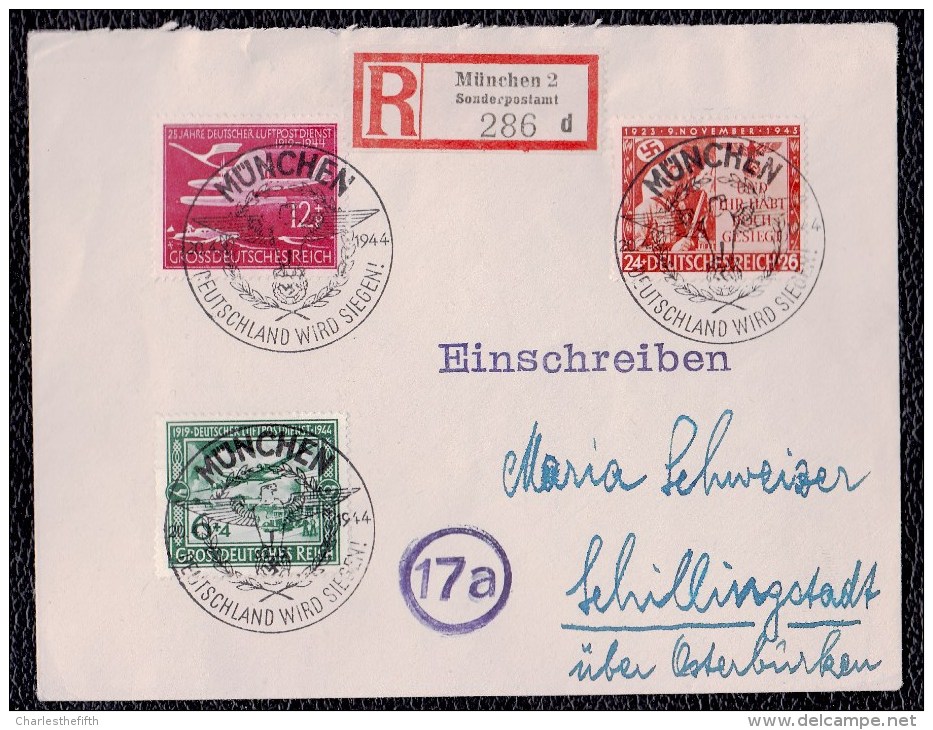 DEUTSCHES REICH 1944 - REGISTERED LETTER MUNCHEN > SCHILLINGSTADT - AIR STAMPS With " Deutschland Wird Siegen " - Lettres & Documents