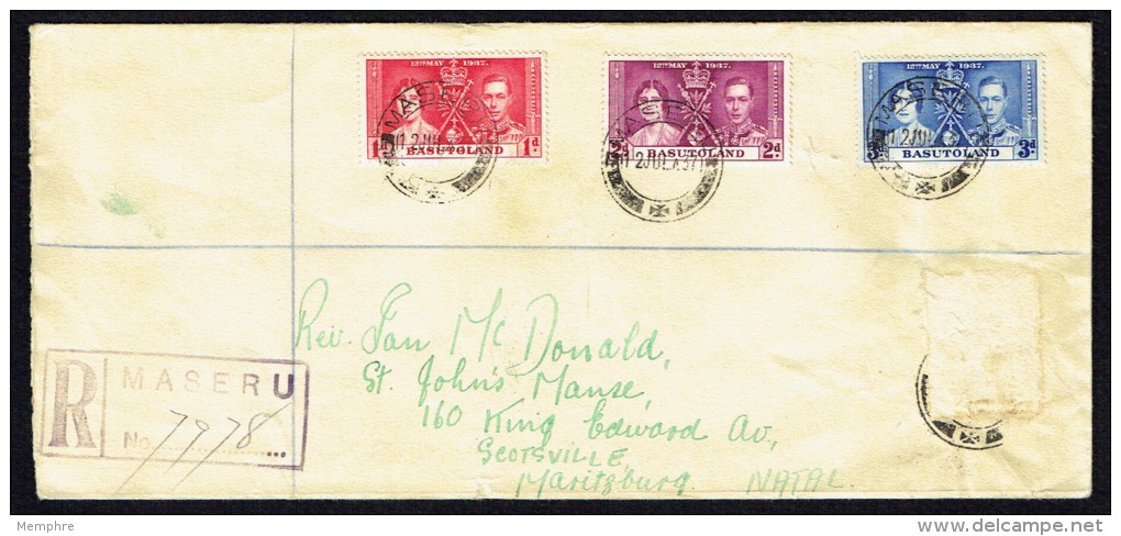 1937  George VI Coronation Set On Registered FDC To Natal  (One Other Stamp Removed) - 1933-1964 Kronenkolonie