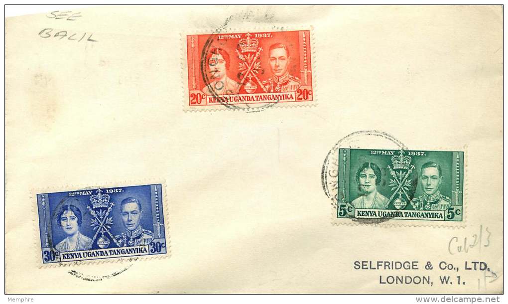 1937  George VI Coronation  Set On FDC To UK  SG 128-130 - Kenya, Uganda & Tanganyika