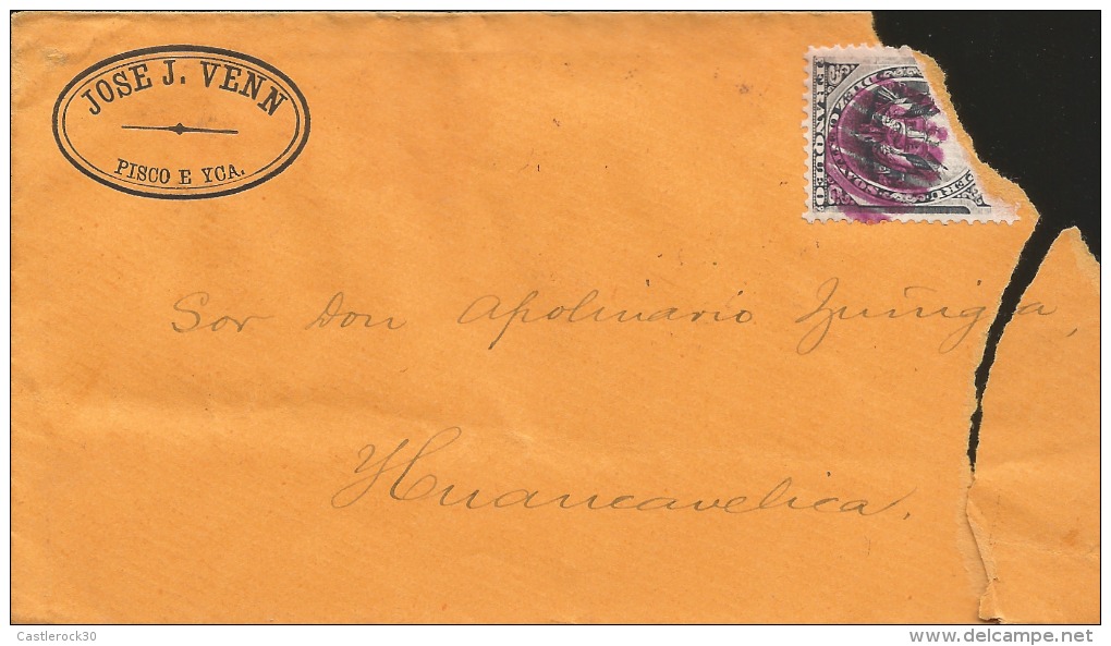 G)1887 PERU, COAT FOR ARMS, BARREL PINK CANC., CIRCULATED COVER FROM ICA TO HUANCAVELICA, F - Peru