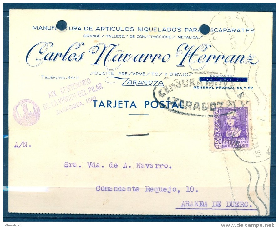 1939 , ZARAGOZA , TARJETA POSTAL COMERCIAL CIRCULADA , CENSURA MILITAR EN ÓVALO, HELLER Z8.6A - Cartas & Documentos