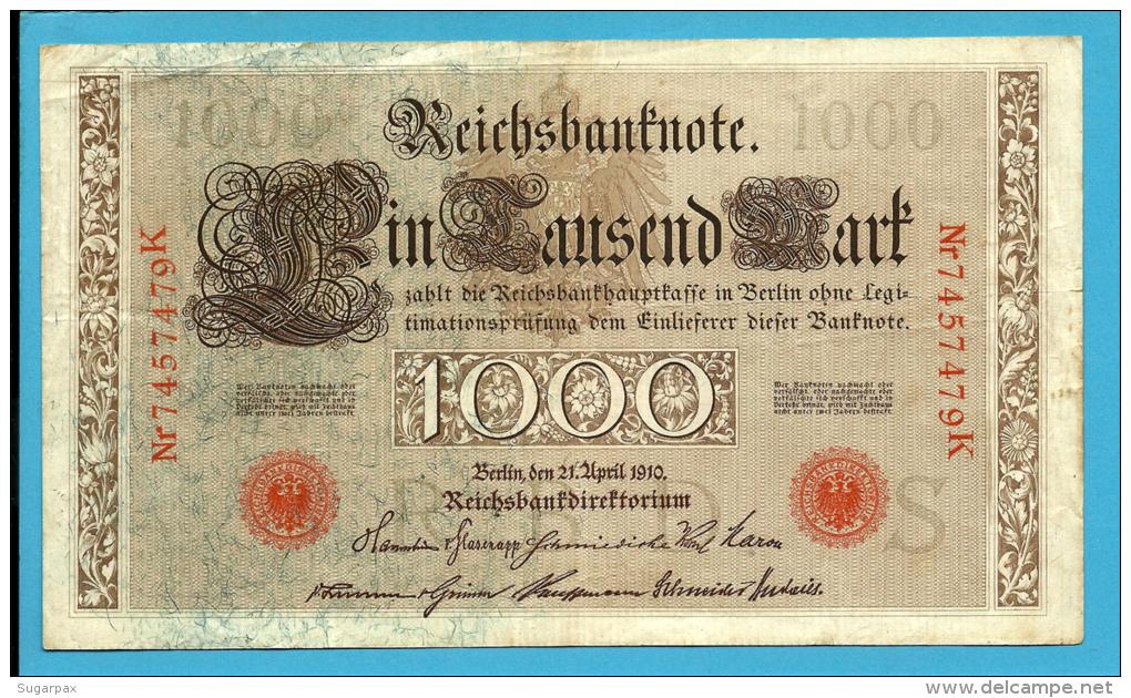 GERMANY - 1000 MARK - 1910 - Pick 44.b - 7 Digit RED SEAL - ( 189 X 109 ) Mm - REICHSBANKNOTE - IMPERIAL BANK NOTES - 1000 Mark