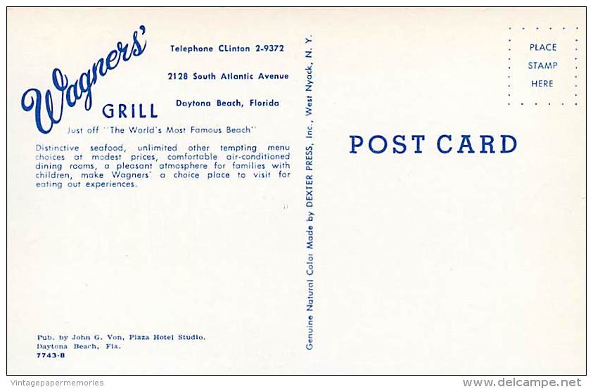 257481-Florida, Daytona Beach, Wagner's Grill, John G Von By Dexter Press No 7743-B - Daytona