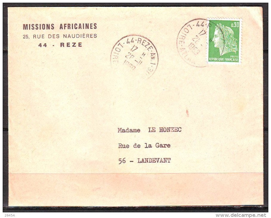 Lettre  De  REZE  An. 1   Loire Atlant   Le 28 II 1969  Entete     " MISSIONS AFRICAINES 44 REZE " Pour 56 LANDEVANT - 1967-1970 Marianne Of Cheffer