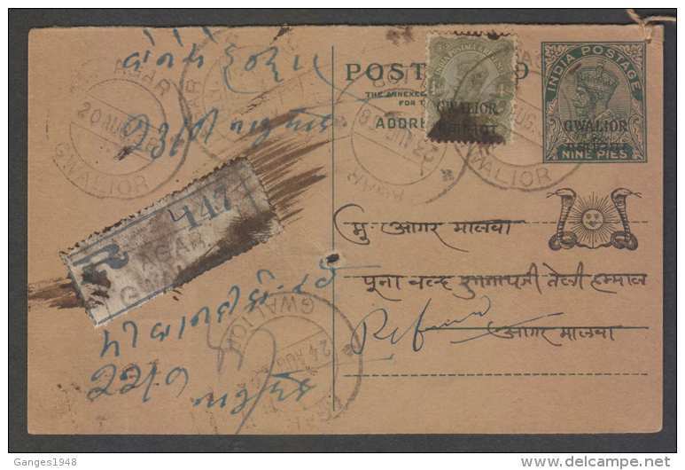 Gwalior  1938  KG V  9P  Snakes O/p Post Card Registered Agar Locall # 88892  Inde  Indien India - Gwalior