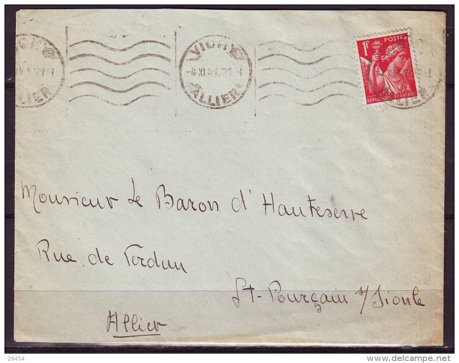 KRAG  5.L.D.sur Lettre De VICHY Allier  4 XI 41 Pour Un BARON A ST POURCAIN Sur SIOULE Allier  IRIS 1f Rouge - 1939-44 Iris