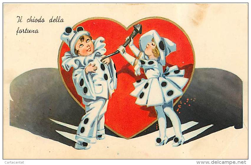 I DUE PIERROT CON IL CHIODO DELLA FORTUNA AMOROSA. SIMPATICA ILLUSTRAZIONE.VIAGGIATA 1938 - San Valentino