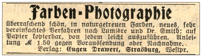 Original-Werbung/ Anzeige 1914 - FARBEN - PHOTOGRAPHIE / DRAWERT - STRASBURG / WESTPREUSSEN - Ca.  65 X 15 Mm - Werbung