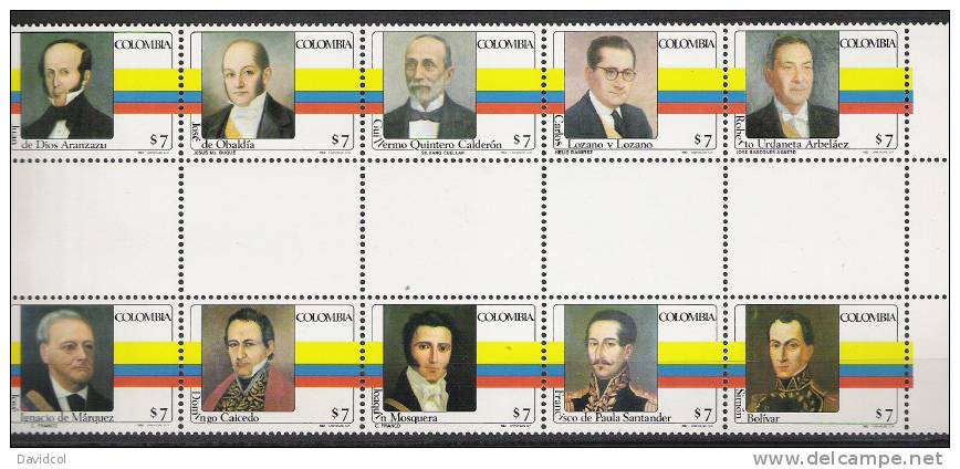 A488 .-. KOLUMBIEN / COLOMBIA .-. 1982 .-. MI#: 1549-1558. PRESIDENTS 6TH ISSUE. MNH .-. SHEET INTERSPACE - Colombia