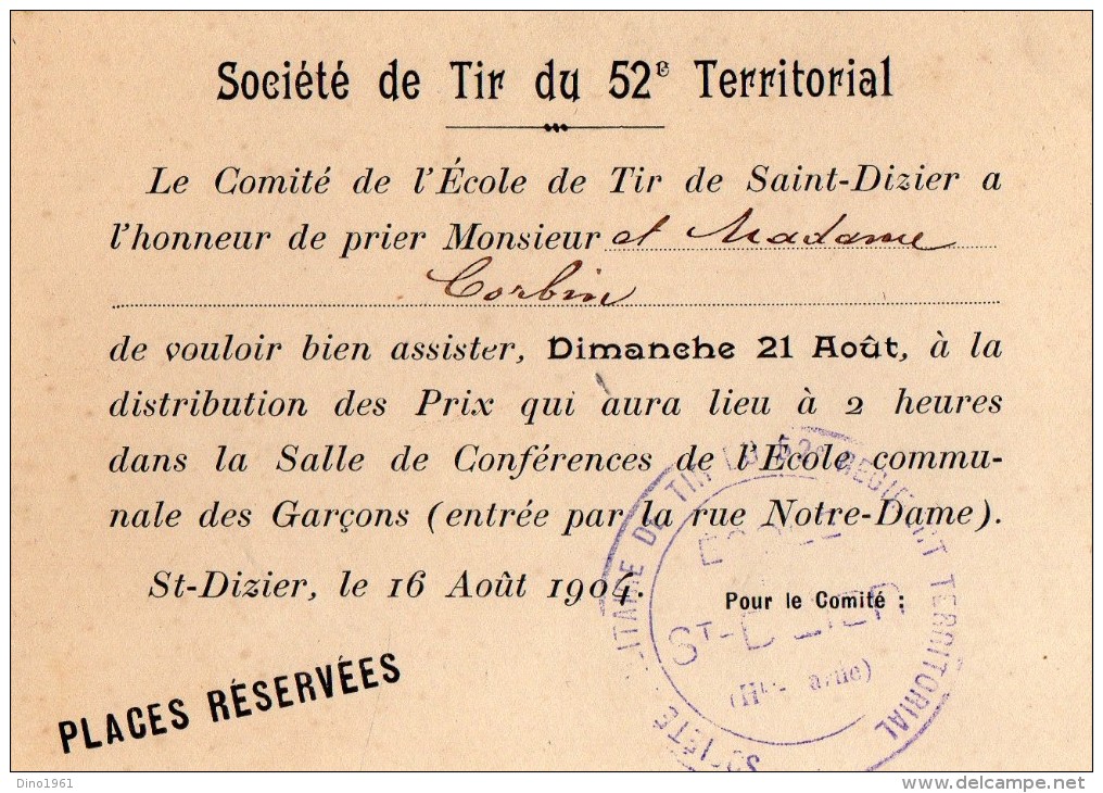 VP2550 - MILITARIA - Carte D´invitation - Société De Tir Du 52e Territorial à SAINT DIZIER - Documenti