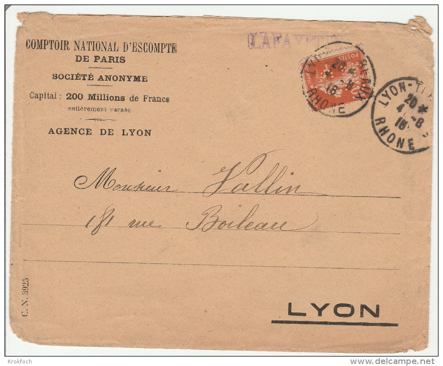 Semeuse Perforé CN 1916 - Sur Lettre CNEP Agence De Lyon Terreaux - 2 Scans - Autres & Non Classés