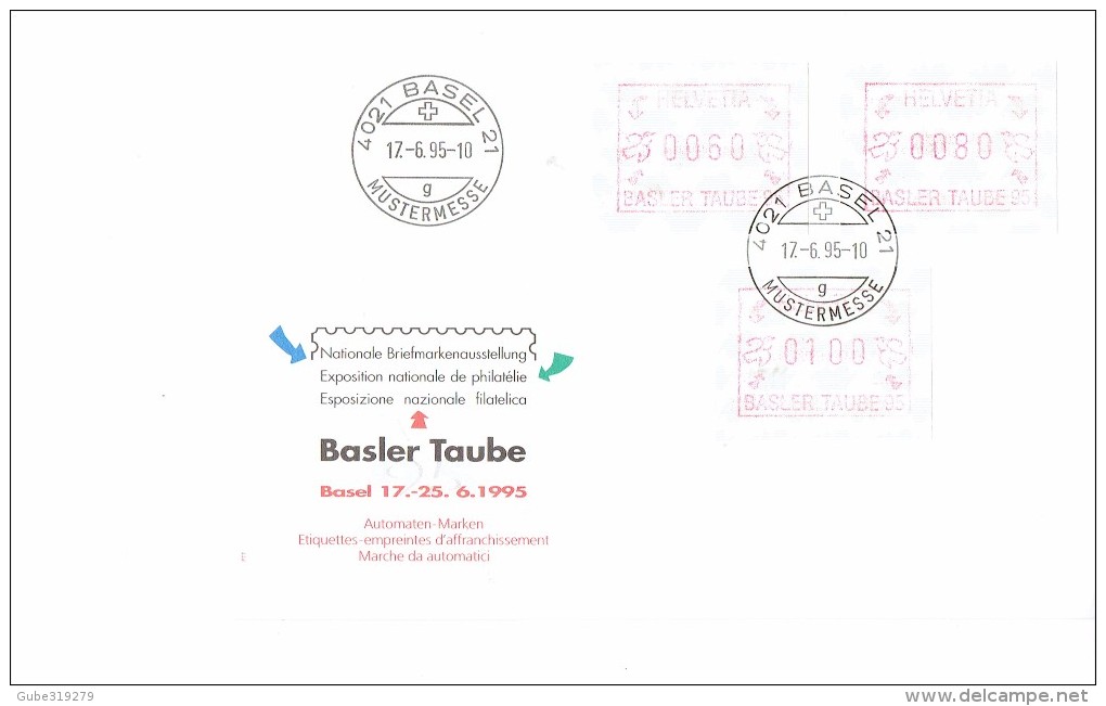 SWITZERLAND 1995 - FDC WITH MACHINE STAMPS BASLER TAUBE 95 PHILATELIC EXHIBITION 17/25-6-1995 WITH SET 3 OF  0,60 - 0.80 - Automatenzegels