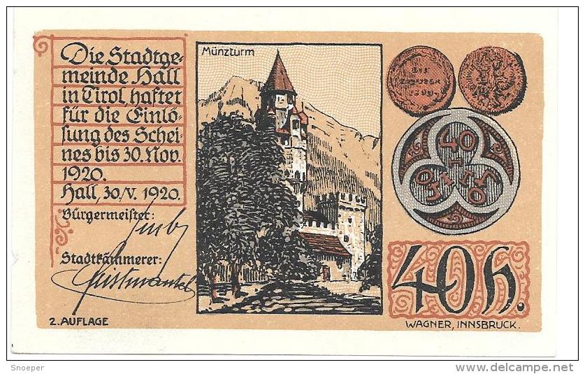 **Austria Notgeld  Hall   40 Heller  Aufl 2 Km 342b Rare !!! Catalog Val 8,00 - Oesterreich