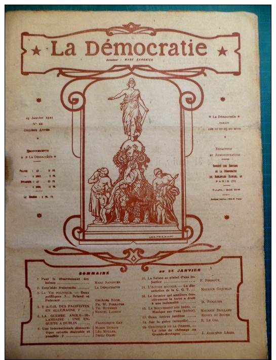 Marc Sangnier - La Démocratie N°68 Janvier 1921 - La Guerre Anglo - Irlandaise Une Enquête à Dublin - Autres & Non Classés