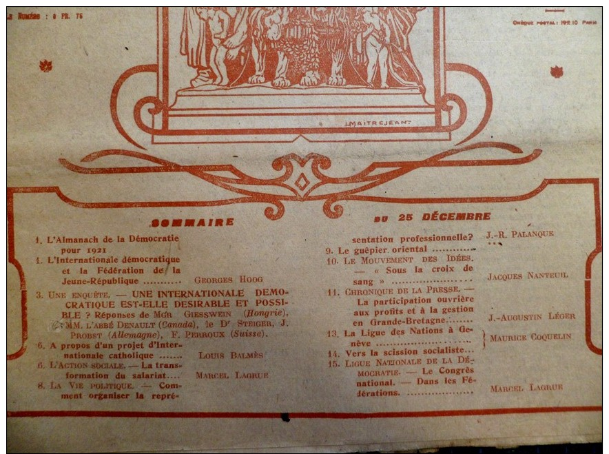 Marc Sangnier - La Démocratie N°66 Décembre 1920 - La Ligue Des Nations à Genève - Autres & Non Classés