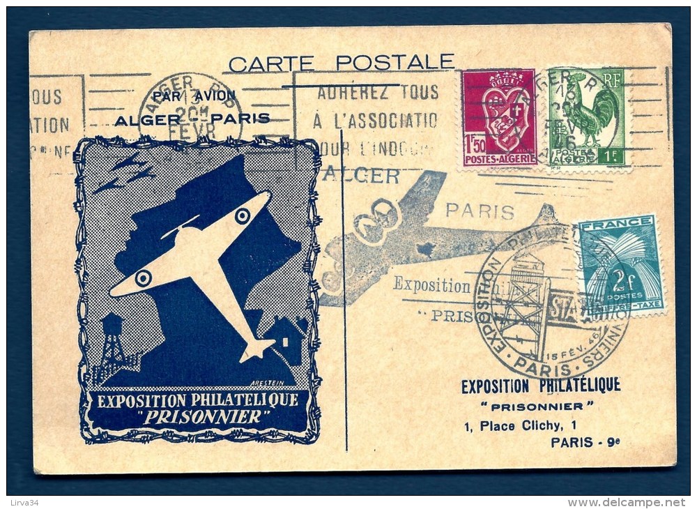 LETTRE D'ALGER POUR FRANCE PAR AVION- ILLUSTRATION EXPOS. PHILATELIQUE "PRISONNIER" STALAG-  1946- 2 SCANS - Posta Aerea