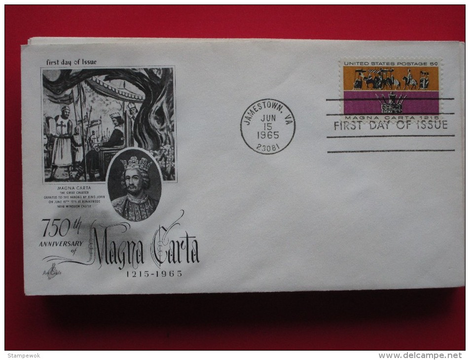 1965 USA - Scott # 1265 - Magna Carta 750th Anniv. -  FDC (Horses)(Militaria) - 1961-1970