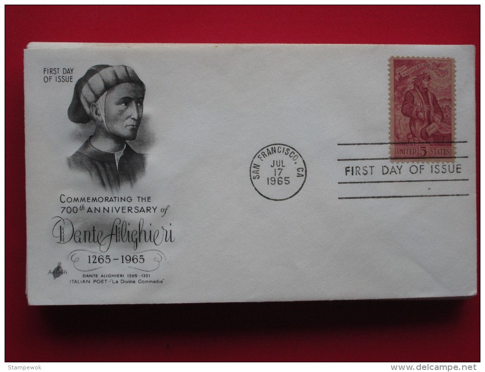 1965 USA - Scott # 1268 - Dante Alighieri Birth 700th Anniv. -  FDC (Literature)(Costumes) - 1961-1970