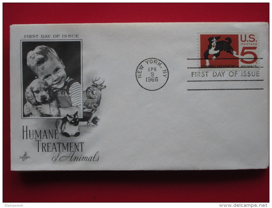 1966 USA - Scott # 1307 - "Humane Treatment Of Animals" - FDC (Dogs) - 1961-1970