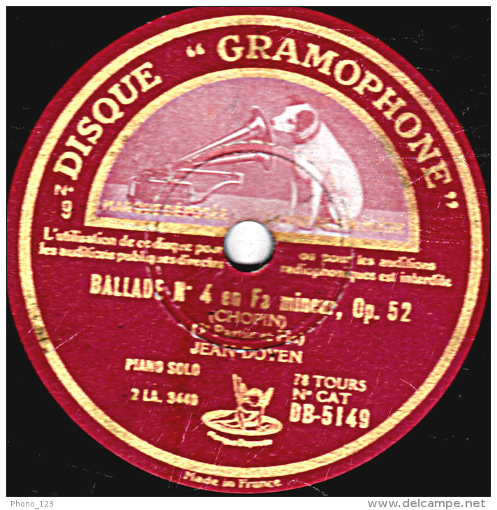 78 Trs - 30 Cm - état TB - JEAN DOYEN - BALLADE N°4  CHOPIN - VALSE N°11 , VALSE N°6 - 78 T - Disques Pour Gramophone