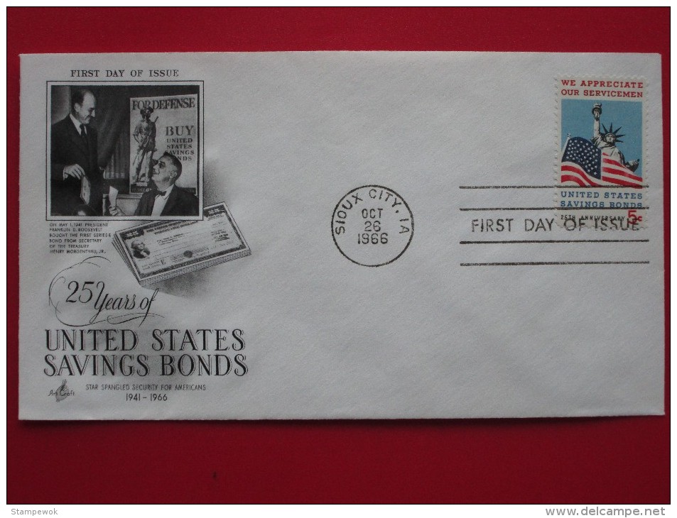 1966 USA - Scott # 1320 - US Savings Bonds 25th Anniv. - FDC (Flags) - 1961-1970