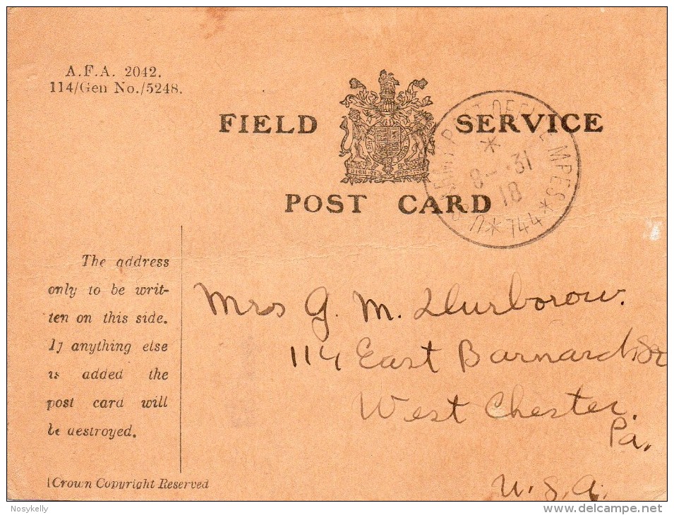 F.M 1918-US ARMY POST OFFICE MPES*744*-FIELD SERVICE POST CARD,corresp. Restreinte Pour Les U.S.A - Guerre De 1914-18