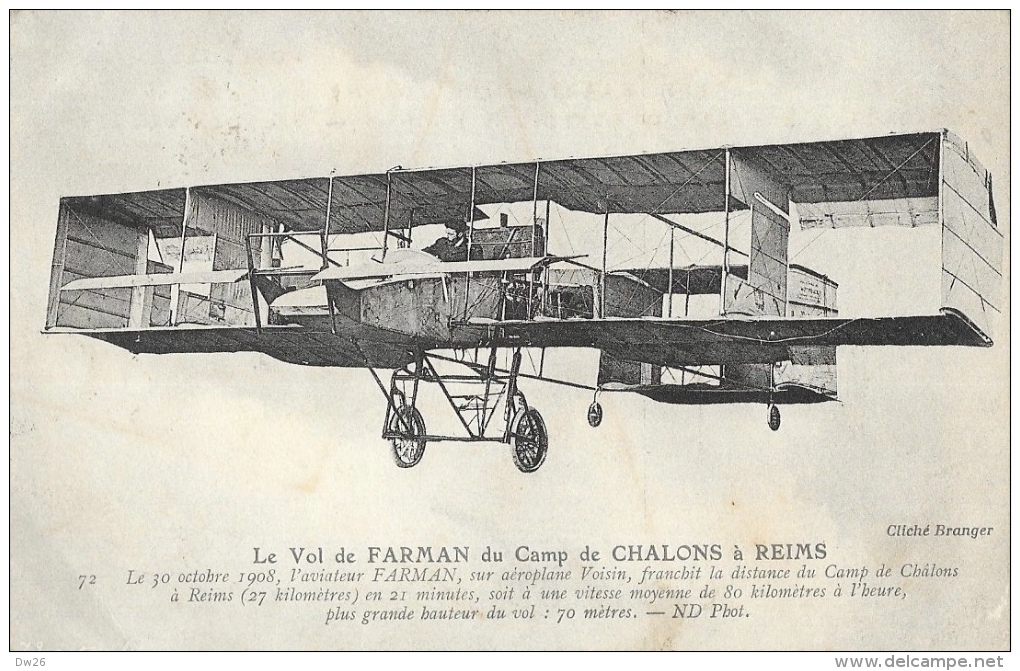 Le Vol De Farman Sur Aéroplane Voisin, Du Camp De Chalons à Reims En 1908 - Carte ND Phot. - ....-1914: Précurseurs