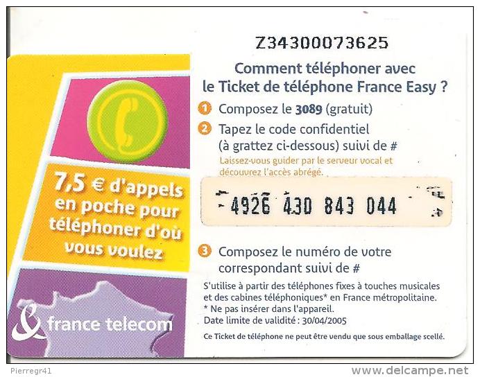 TICKET° TELEPHONE-7.5€-PU87a-EN POCHE VIOLET-Série Z--30/04/2005-GRATTE-T BE- - FT