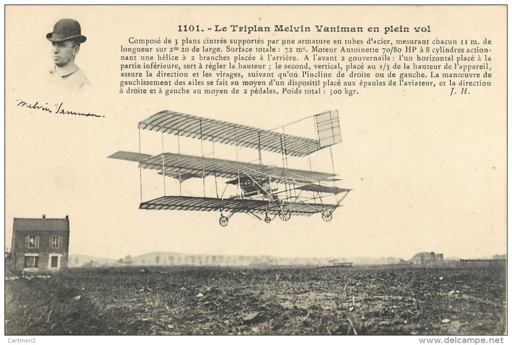 LE TRIPLAN MELVIN VANIMAN AEROPLANE + CACHET AERODROME DE JUVISY PORT-AVIATON PLANE AVION - ....-1914: Précurseurs