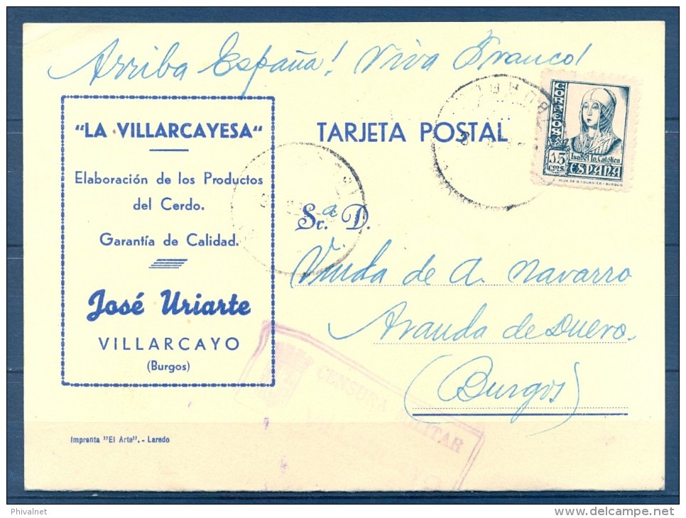 1938 , GUERRA CIVIL , BURGOS , TARJETA POSTAL VILLARCAYO - ARANDA , CENSURA MILITAR DE VILLARCAYO, HELLER V 89.4 - Lettres & Documents