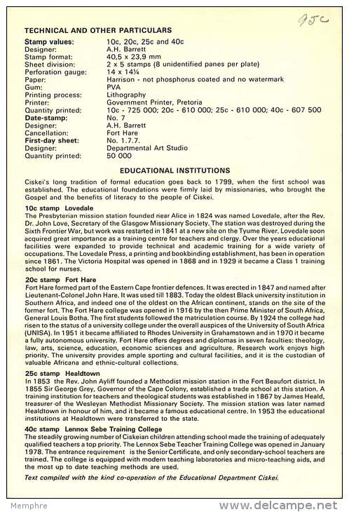 1983  Educational Institutions   Completee Set On Single  First Day Sheet - Ciskei
