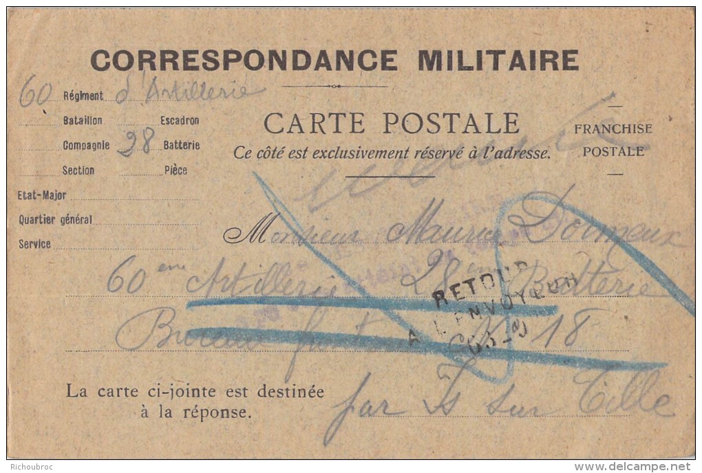 CORRESPONDANCE MILITAIRE / CACHET RETOUR A L ENVOYEUR - Guerre 1914-18
