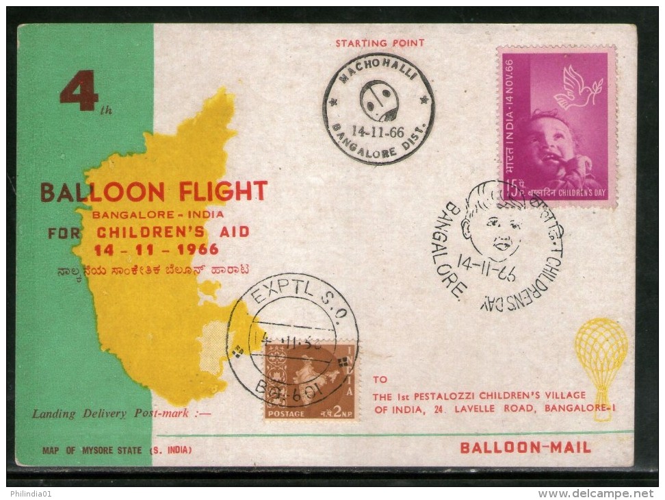 India 1966 Germany 4th Pestalozzi Balloon Flight Bangalore Carried Card Snake Charmer # 1457A - Airmail