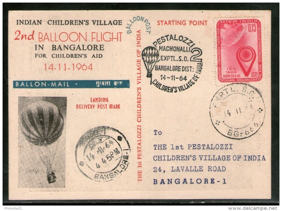 India 1964 Germany 2nd Pestalozzi Balloon Flight Bangalore Carried Card # 1457C - Poste Aérienne