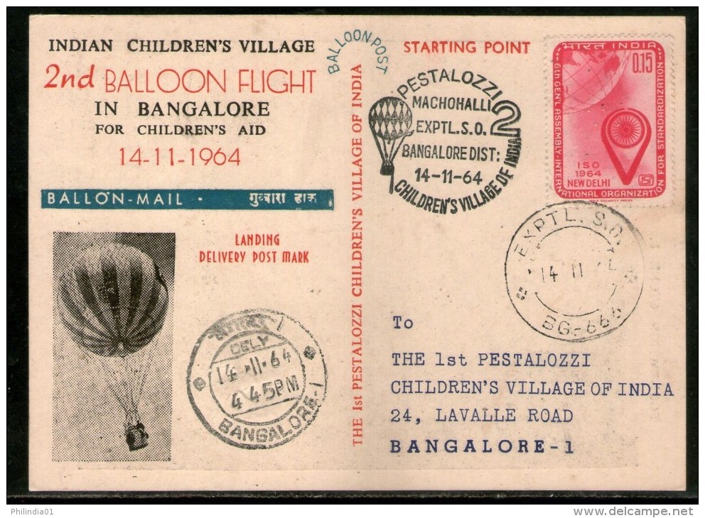 India 1964 Germany 2nd Pestalozzi Balloon Flight Bangalore Carried Card # 1457D - Corréo Aéreo