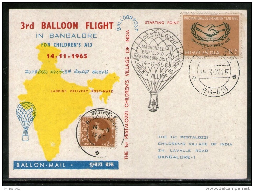 India 1965 Germany 3rd Pestalozzi Balloon Flight Bangalore Carried Card # 1457E - Airmail