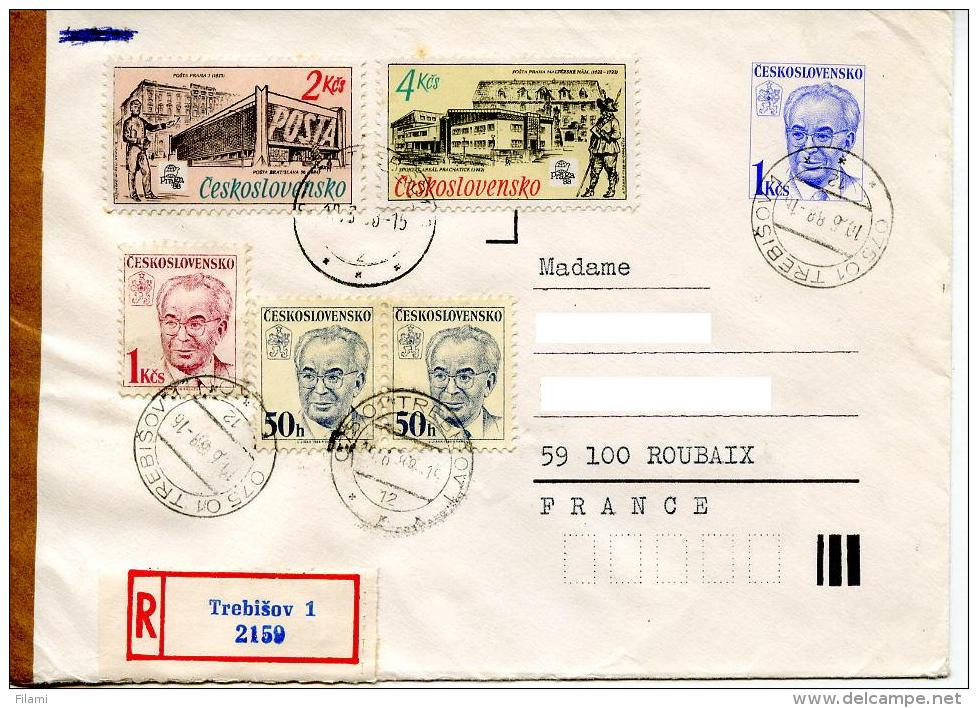 Entier Postal Husak,lettre Recommandée,batiment Poste Prague,Praga 88,lettre Pour La France 1988 - Briefe