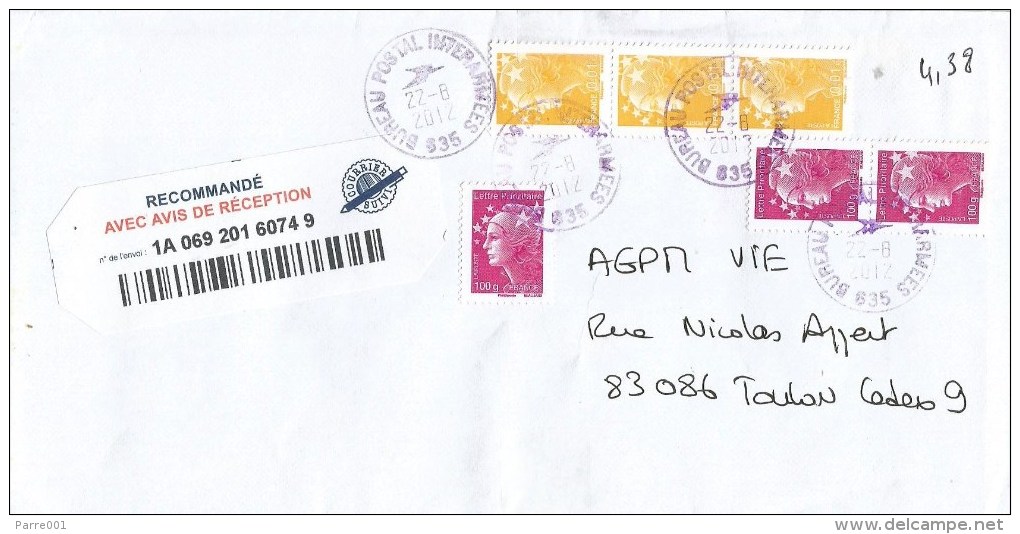 France 2012 BPI 635 Gabon Brigade Prévôtale Libreville Barcoded AR Avis De Reception Registered Cover - Militaire Stempels Vanaf 1900 (buiten De Oorlog)