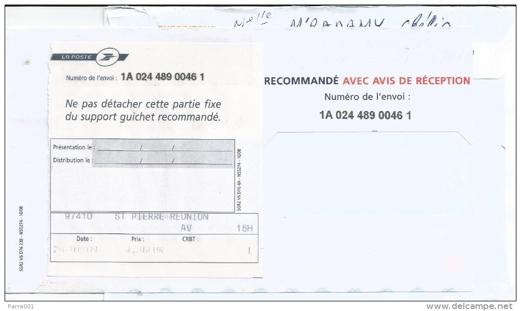 Reunion 2009 St. Pierre Unfranked Barcoded AR Avis De Reception Registered Cover - Brieven En Documenten