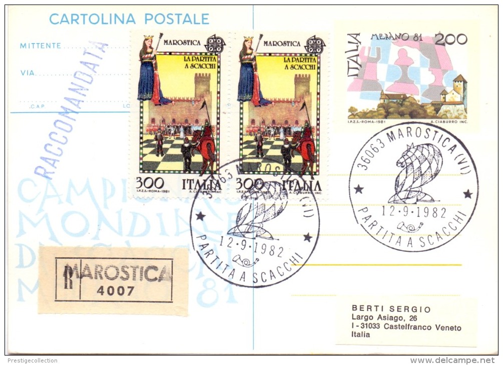 Marostica Chess Championship Registred Mail 1982 Special Cancel (G160081) - Ajedrez