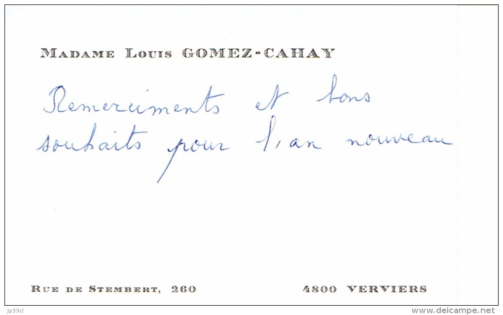 Ancienne Carte De Visite De Mme Louis Gomez-Cahay, Rue De Stembert Verviers (vers 1965) - Cartes De Visite