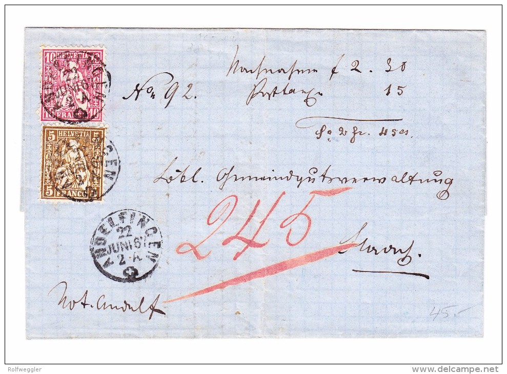 Heimat ZH ANDELFINGEN 22.6.1867 5 Und 10Rp. Sitzende Helvetia Auf Brief - Lettres & Documents