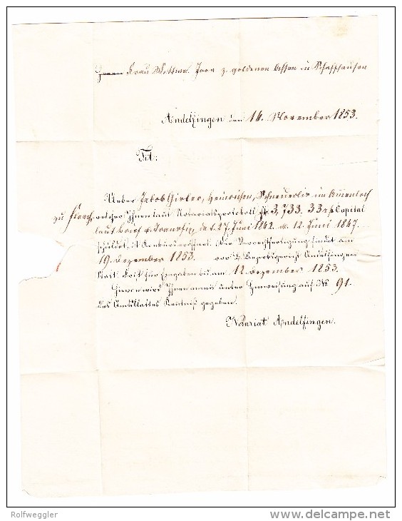 Heimat ZH ANDELFINGEN 15.11.1853 Rayon II (2) #16IIh Auf R-Brief - Attest Renggli - 1843-1852 Poste Federali E Cantonali