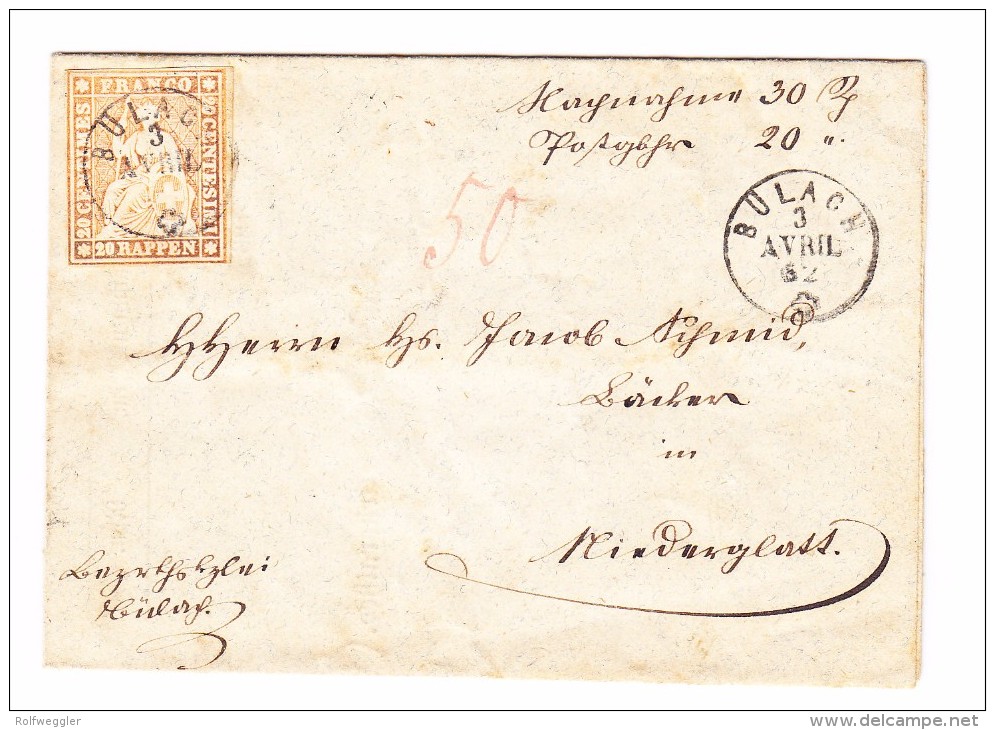 Heimat ZH BÜLACH 3.4.1852 Fingerhutstempel 20Rp. Strubel Auf Brief Nach Niederglatt - Lettres & Documents