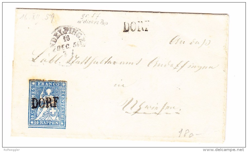 Heimat ZH DORF Balkenstempel ANDELFINGEN 161.12.1859 10Rp. Strubel Auf Brief - Lettres & Documents